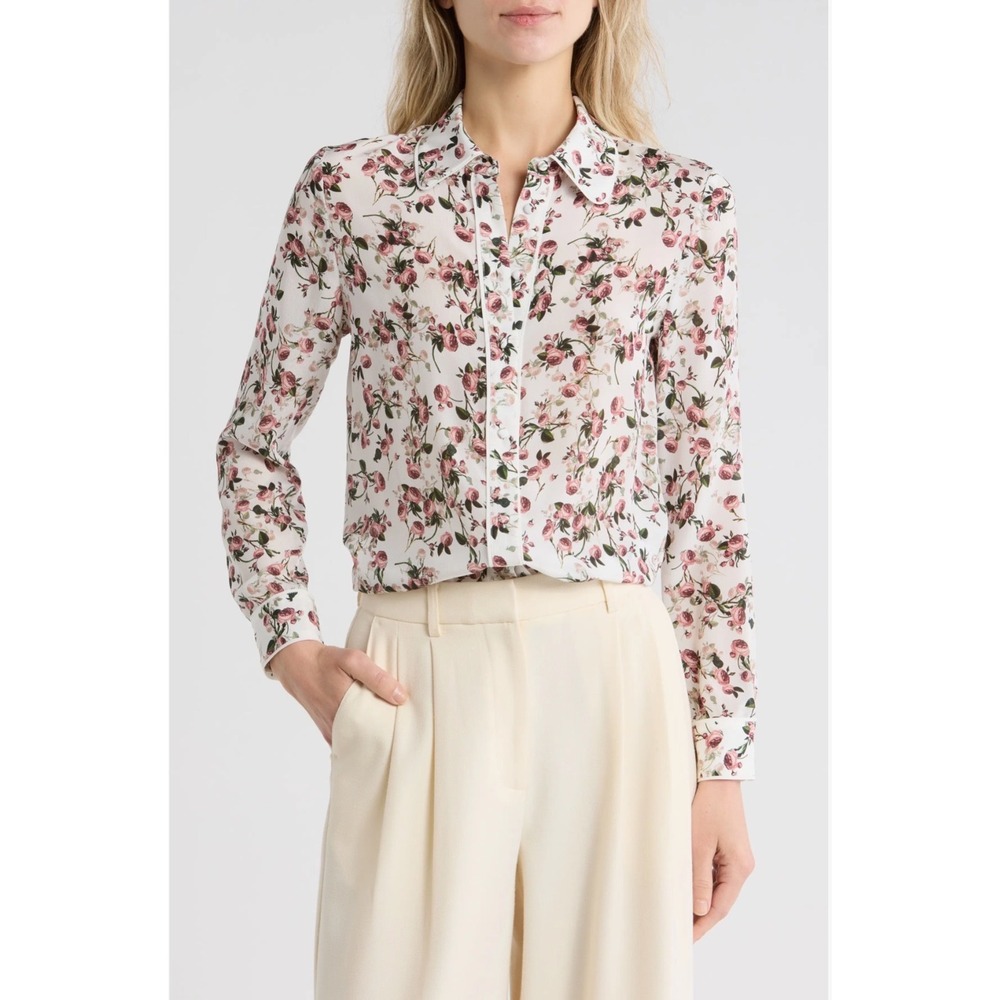 Alice + Olivia Willa Floral Placket Button-Up Silk Shirt Rose Pink White